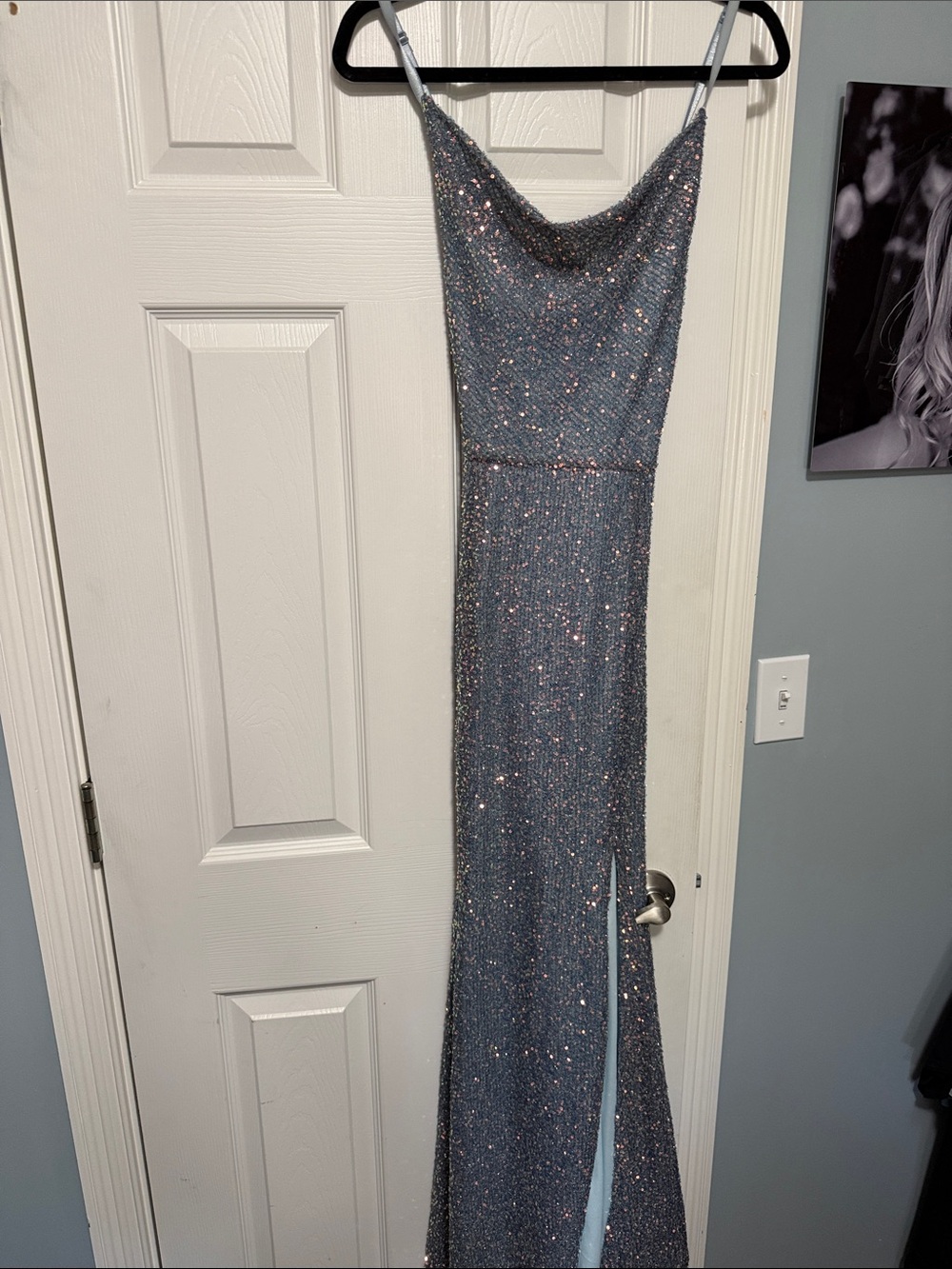 BCX Silver Sequin Cowl Neck Prom Gown